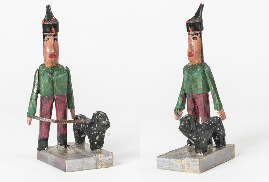 O.T. (Mann mit Hund) Holzplastik, farbig gefasst, Kunststoff