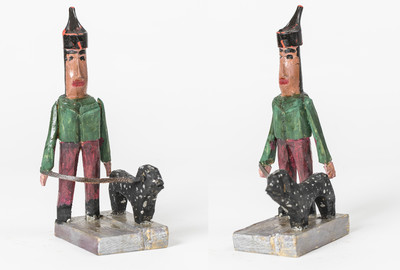 O.T. (Mann mit Hund) Holzplastik, farbig gefasst, Kunststoff