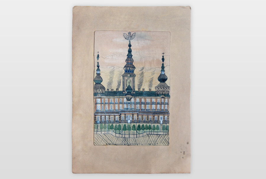 O.T. (stattliches Gebäude) Wasserfarbe auf Karton