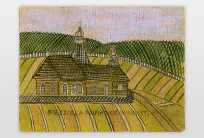 O.T. (ländliche Holzkirche) Wasserfarbe auf Karton