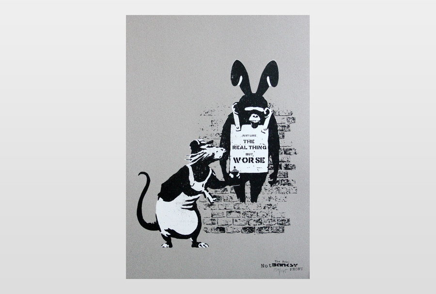 The real Not Not Banksy Front  »Just like the real thing but worse«, Siebdruck auf Graukarton - 2019