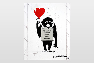The real Not Not Banksy Front  »There is a sucker born every minute«, Siebdruck auf Graukarton - 2019
