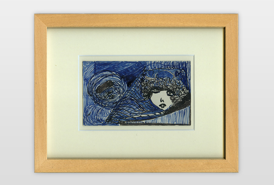 O.T. (Frauenkopf) Zeichentusche auf Postkartenkarton, 9x14 cm,
40er Jahre