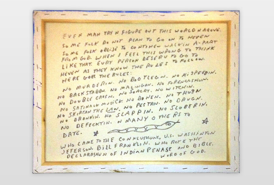 Text auf Leinwandrückseite 