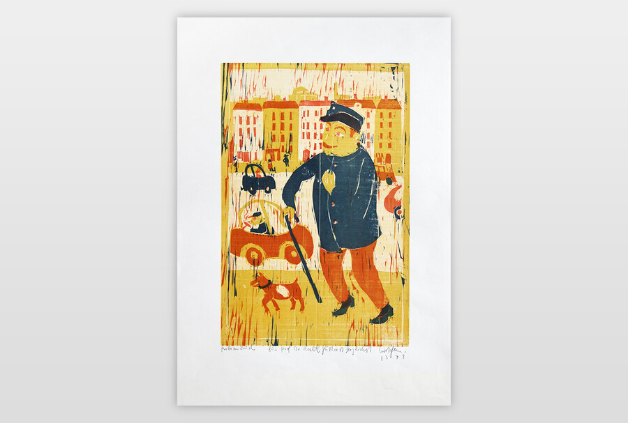 Mann mit Hund Farbholzschnitt, 1971