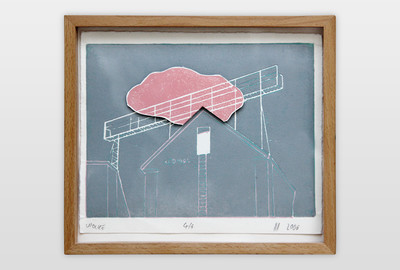 Wolke Holzschnitt, Collage auf Büttenpapier
