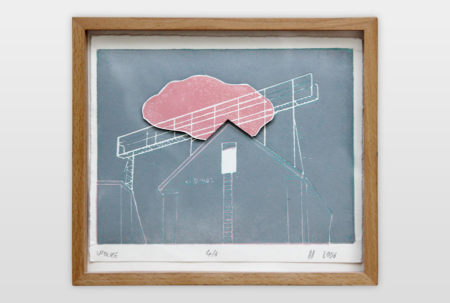 Wolke Holzschnitt, Collage auf Büttenpapier