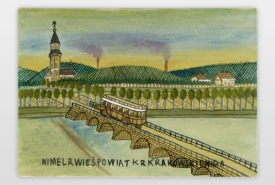 O.T. (Brücke mit Bus) Wasserfarbe auf Karton