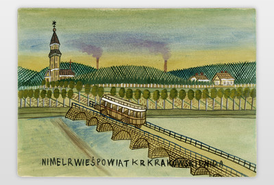 O.T. (Brücke mit Bus) Wasserfarbe auf Karton