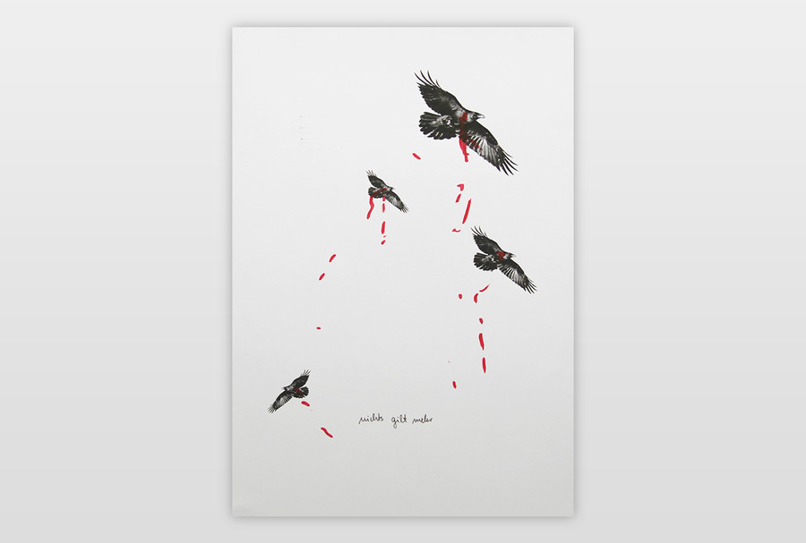 Bis die Vögel tot von den Bäumen fallen Mischtechnik auf Papier