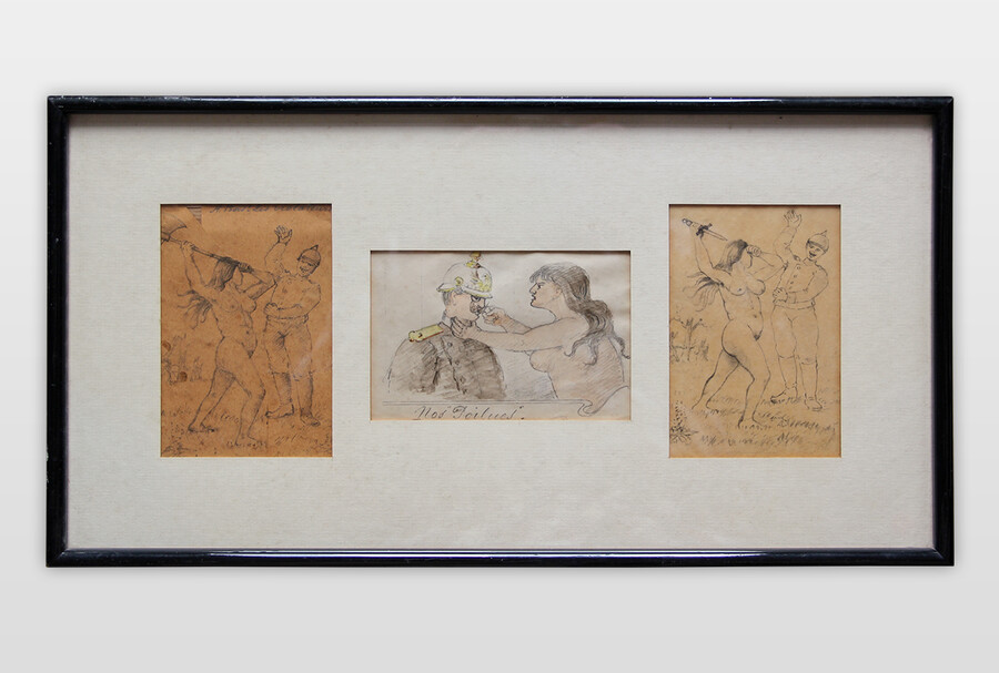 Feldpostkarten, französisch ca. 1915, gerahmt Bleistift und Farbstift auf Papier