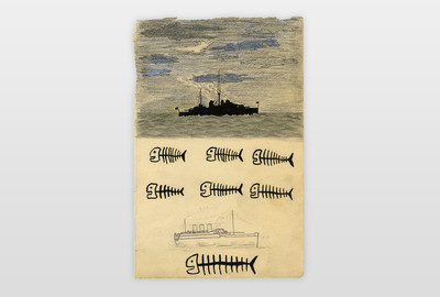 O.T. (Schiffe und Fischskelette) Marker, Bleistift und Buntstift auf Papier