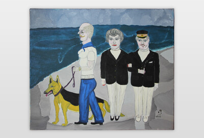 Hans Peter Müller, O.T. (Menschen mit Schäferhund am Strand) 1994, Öl auf Leinwand