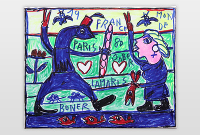 O.T (2 Figuren mit Fischen und Brot) Filstift und Marker und Acryl auf Leinwand