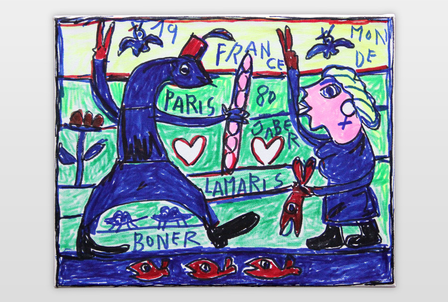 O.T (2 Figuren mit Fischen und Brot) Filstift und Marker und Acryl auf Leinwand