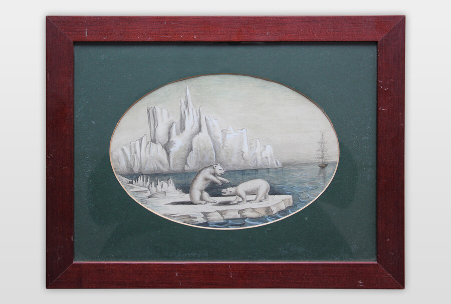 O.T. (Eisbären in arktischer Landschaft) Bleistift und Wasserfarbe auf Papier, Frankreich, Mitte 19. Jahrhundert