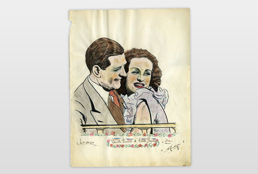 Danielle Darieux und Albert Riegeau Tusche und Buntstift auf Papier, Frankreich 40er Jahre