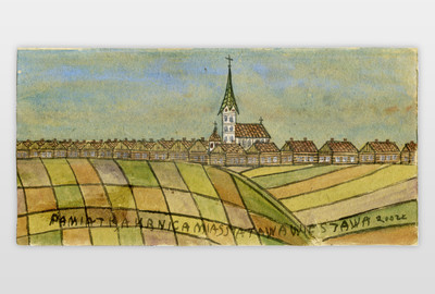 O.T. (Stadt mit Kirche) Wasserfarbe auf Karton