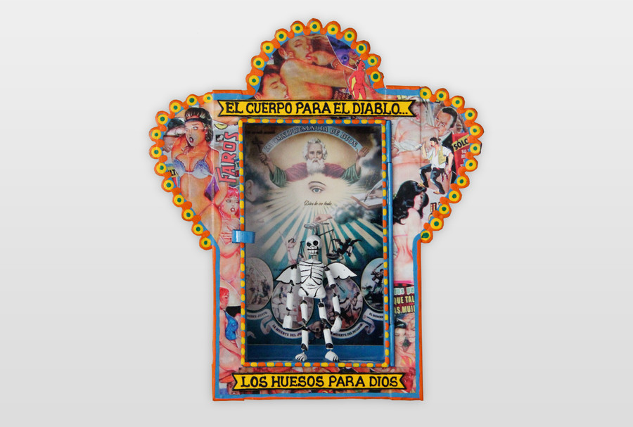 Retablo (El Cuerpo para el Diablo...)  Metall, bedrucktes Papier, Knetmasse, Farbe