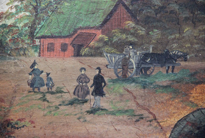 O.T. (Haus am Fluss mit Fuhrwerk und Menschen) Bildausschnitt