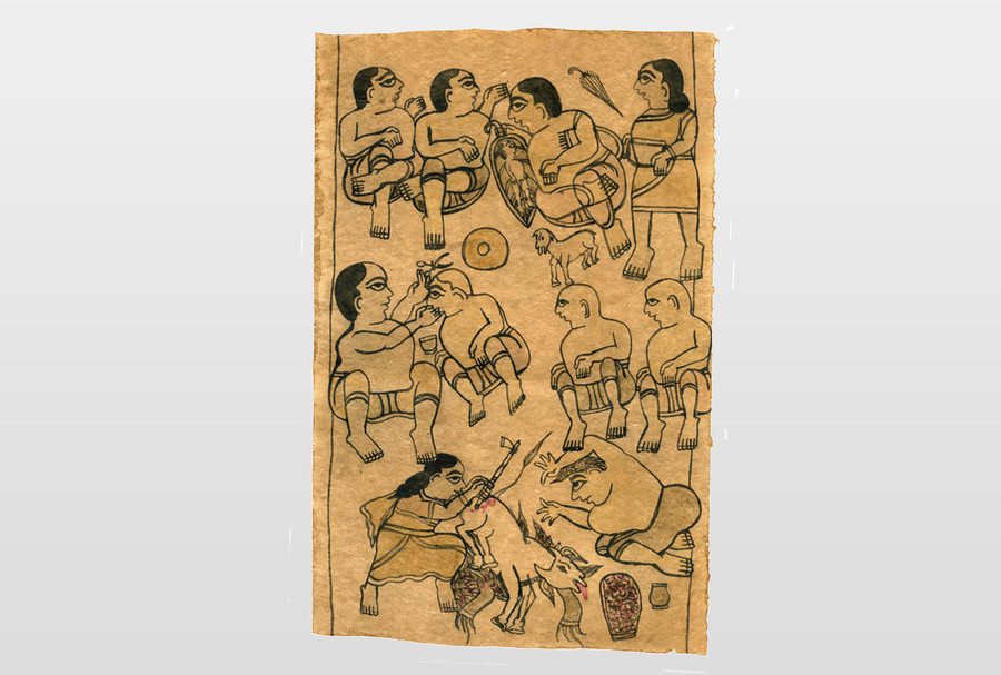 Fragment aus älterem Rollenbild Tinte und Wasserfarbe auf Papier