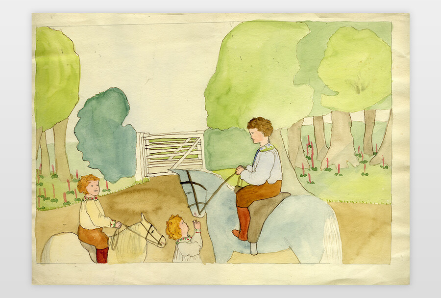 O.T. (Kinder auf Pferden) Bleistift und Aquarell auf Papier
