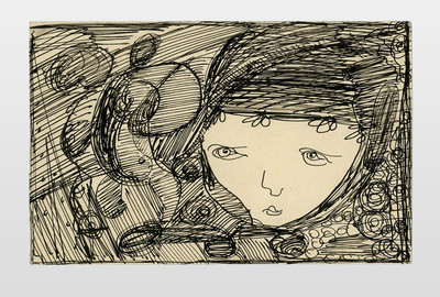 O.T. (Frauenkopf) Zeichentusche auf Postkartenkarton, 9x14 cm, 40er Jahre