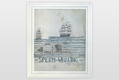 Sperm-Whaling Bleistift und Wasserfarbe auf Vorsatzpapier eines Buches, England, 19. Jahrhundert. Bezeichnet mit »Ship Geo. Moorland«