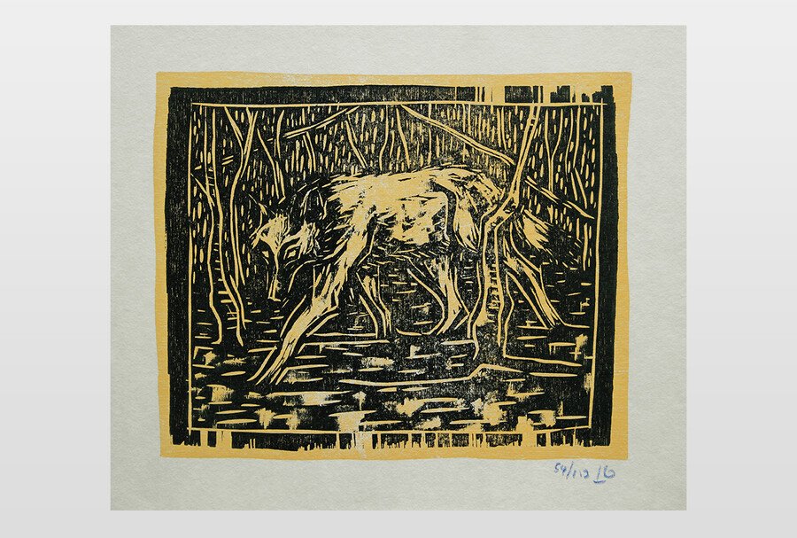 Wolf in beech wood Farbholzschnitt