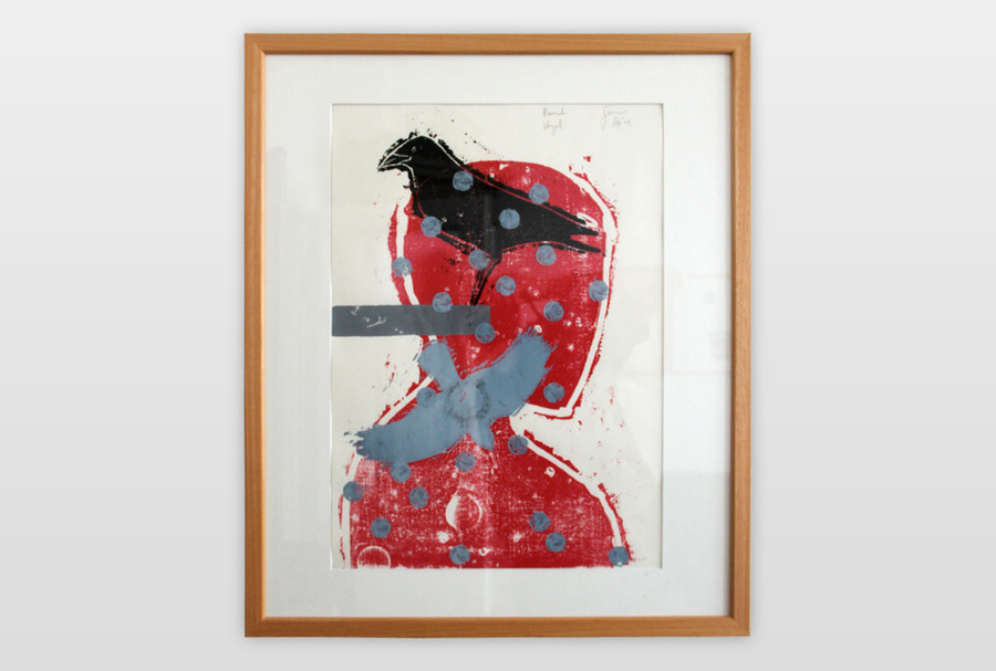 Vogel Traum Farbholzschnitt, Acryl auf Papier
