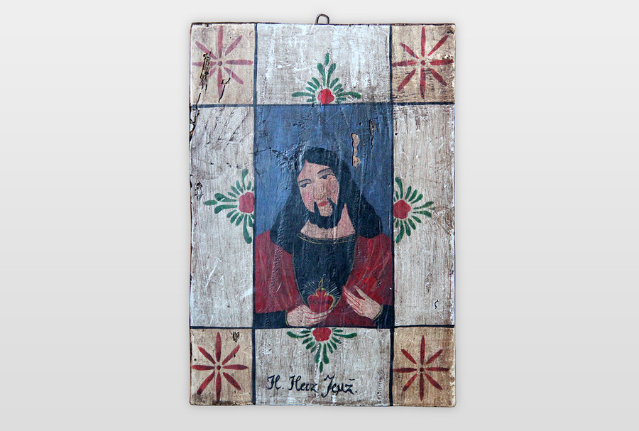 Hl. Herz Jesu (Ex Voto) Ölfarbe auf Holzplatte