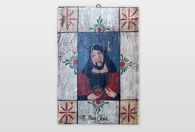 Hl. Herz Jesu (Ex Voto) Ölfarbe auf Holzplatte