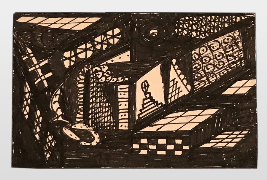 O.T. (abstrakte Komposition) Zeichentusche auf Postkartenkarton, 9x14 cm,
40er Jahre