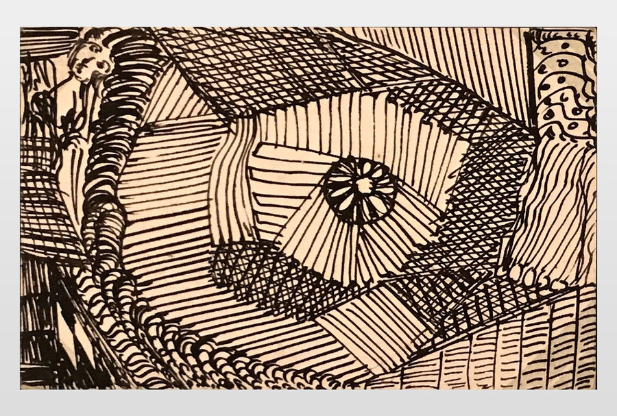 O.T. (abstrakte Komposition mit Gesichtern) Zeichentusche auf Postkartenkarton, 9x14 cm,
40er Jahre