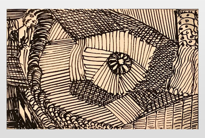 O.T. (abstrakte Komposition mit Gesichtern) Zeichentusche auf Postkartenkarton, 9x14 cm,
40er Jahre