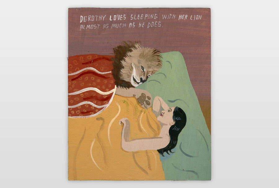 Dorothy Loves Sleeping With Her Lion Almost As Much As He Does. Acrylfarbe auf Sperrholz