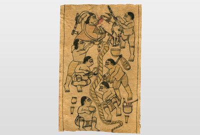 Fragment aus älterem Rollenbild Tinte und Wasserfarbe auf Papier